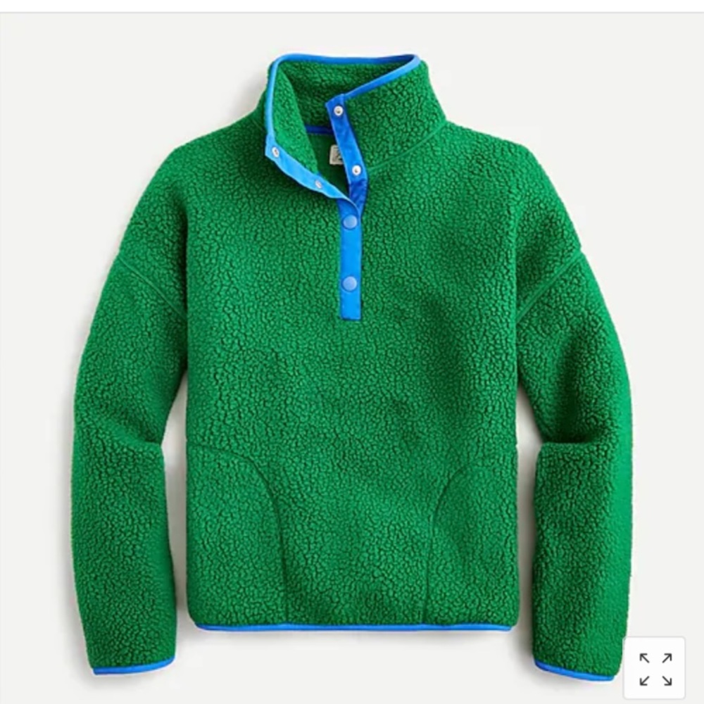 J. Crew Green Sherpa Snap-Front Pullover with Blue Trim